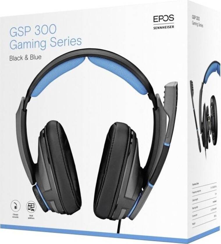 EPOS GSP 300 - Hodesett - full størrelse - kablet - 3,5 mm jakk - lydisolerende - svart, blå