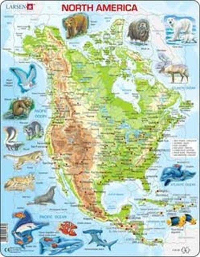 North America Topographical Map with Animals Jigsaw Puzzle - 66 pieces Maxi (36.5 x 28.5 cm) 2D Puslespill