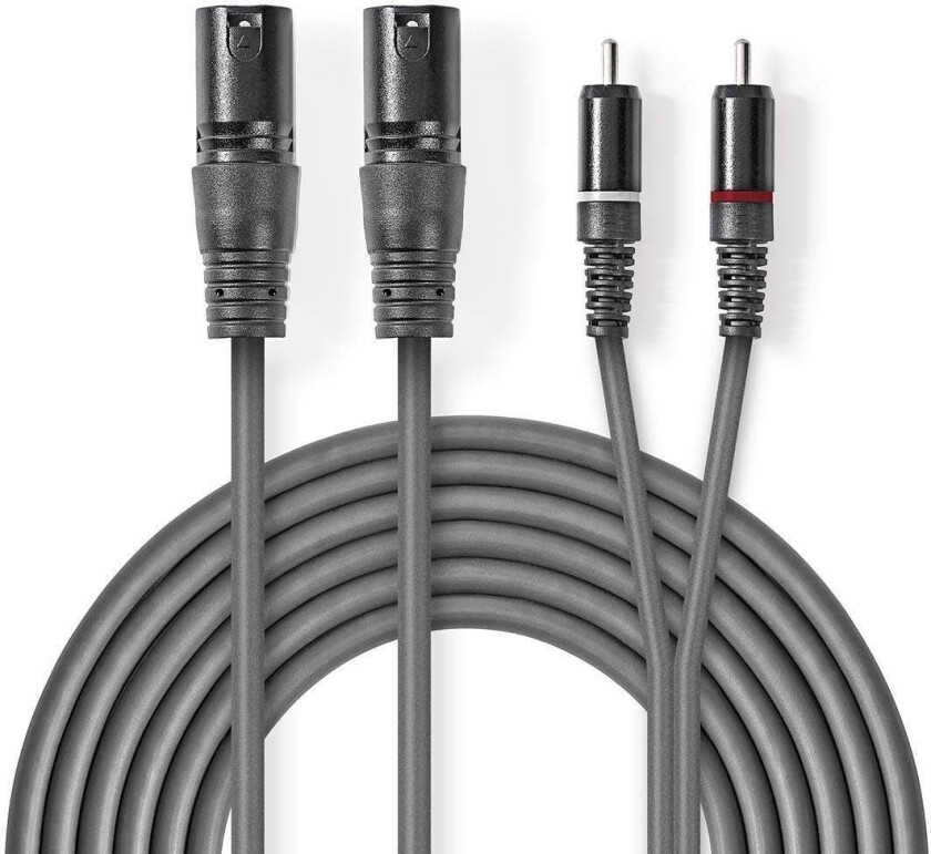 Bilde av Balansert lydkabel | 2x XLR 3-Pin Han | 2x RCA Han | Nikkel belagt | 1.50 m | Rund | PVC | Mørk Grå | Pappetui