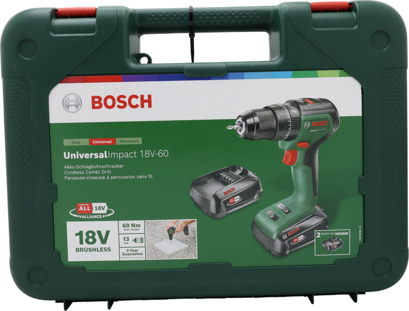 Home and Garden UniversalImpact 18V-60 06039D7102 Batteri boremaskine, Batteri skruetrækker 18 V 2.0 Ah Litium inkl. ekstra batteri, Inkl. oplader