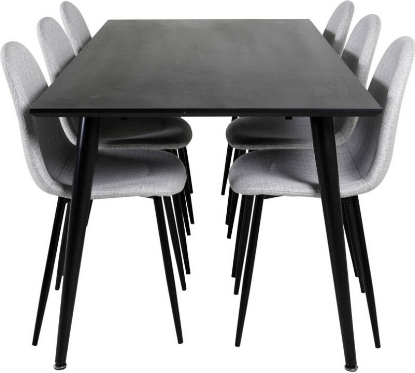Dipp180x90BLBL spisegruppe spisebord svart og 6 Polar spisestuestoler lysegrå.