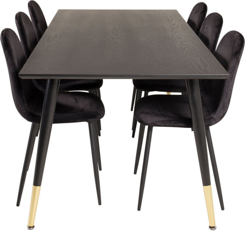 Dipp180x90BLBR spisegruppe spisebord svart og 6 Polar spisestuestoler velour svart.