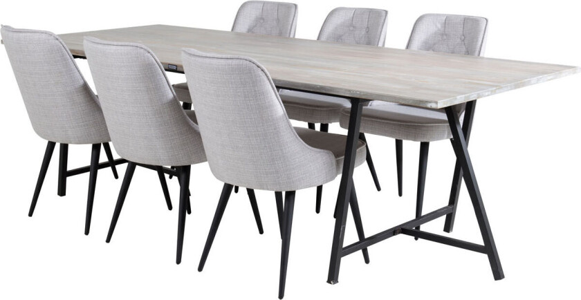 Jepara spisegruppe spisebord teak og 6 Velvet Deluxe spisestuestoler lysegrå, svart.