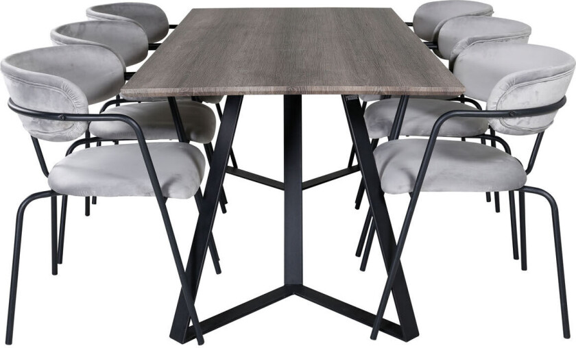 MarinaGRBL spisegruppe spisebord el tre dekor grå og 6 Arrow spisestuestoler velour grå.