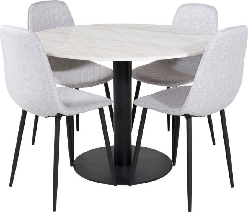EstelleØ106WHBL spisegruppe spisebord hvit, marmor og 4 Polar Diamond spisestuestoler grå.