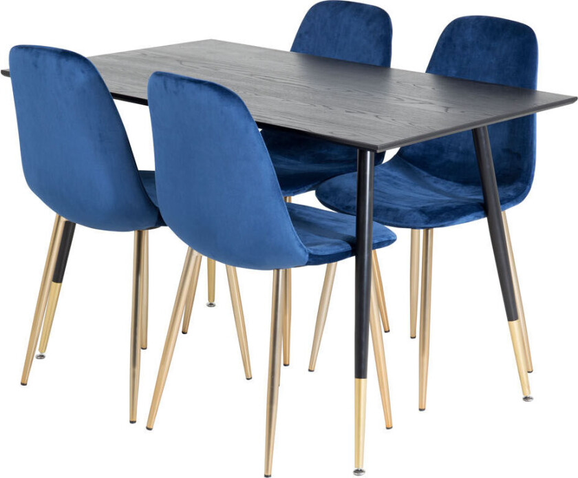 Dipp120x85BLBR spisegruppe spisebord svart og 4 Polar spisestuestoler velour blå, messing dekor.