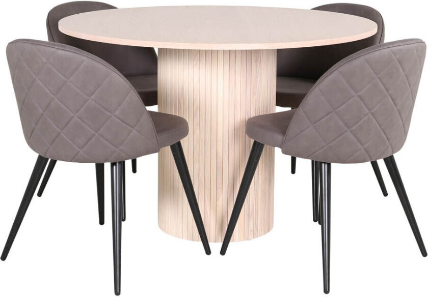 BiancaROWW spisegruppe spisebord eik finer hvit washed og 4 Velvet Stitches spisestuestoler grå.