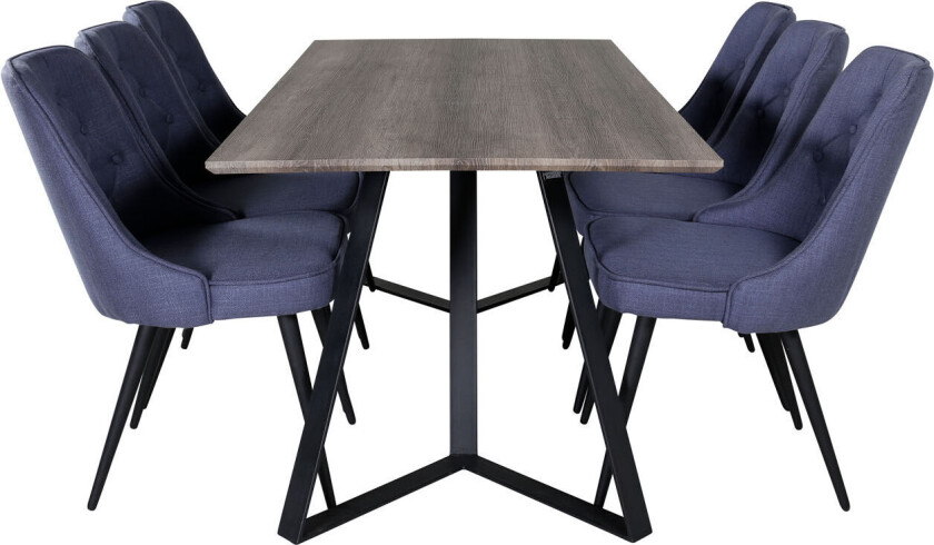 MarinaGRBL spisegruppe spisebord el tre dekor grå og 6 Velvet Deluxe spisestuestoler blå, svart.