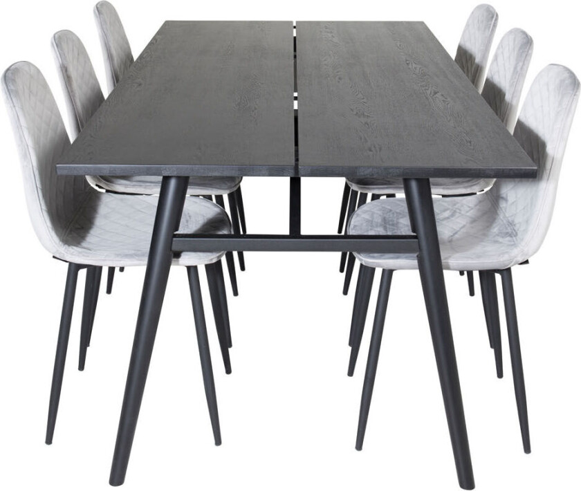 Sleek spisegruppe spisebord uttrekksbord lengde cm 195 / 280 svart og 6 Polar Diamond spisestuestoler velour grå.