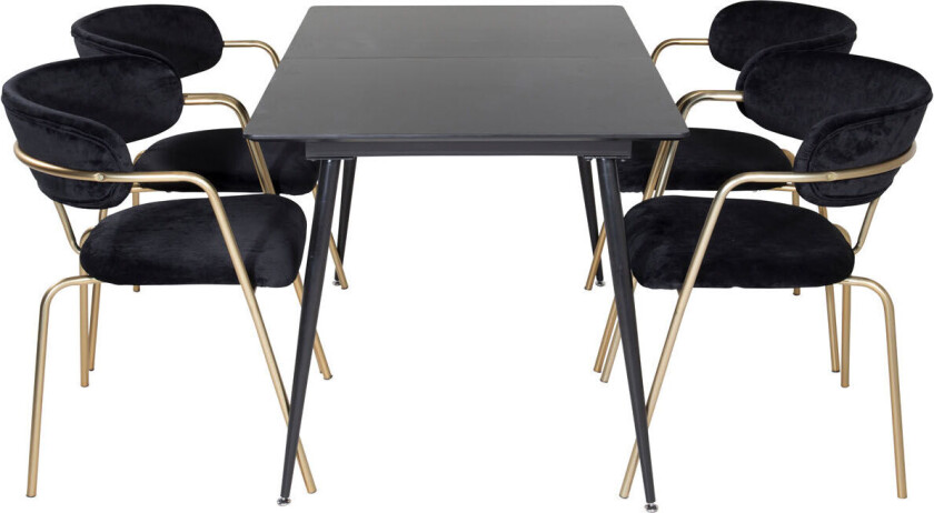 SilarBLExt spisegruppe spisebord uttrekksbord lengde cm 120 / 160 svart og 4 Arrow spisestuestoler velour svart.