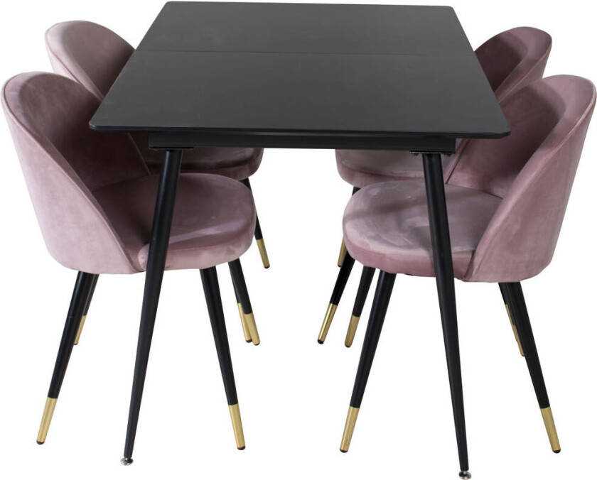 SilarBLExt spisegruppe spisebord uttrekksbord lengde cm 120 / 160 svart og 4 Velvet spisestuestoler velour rosa, svart, messing dekor.