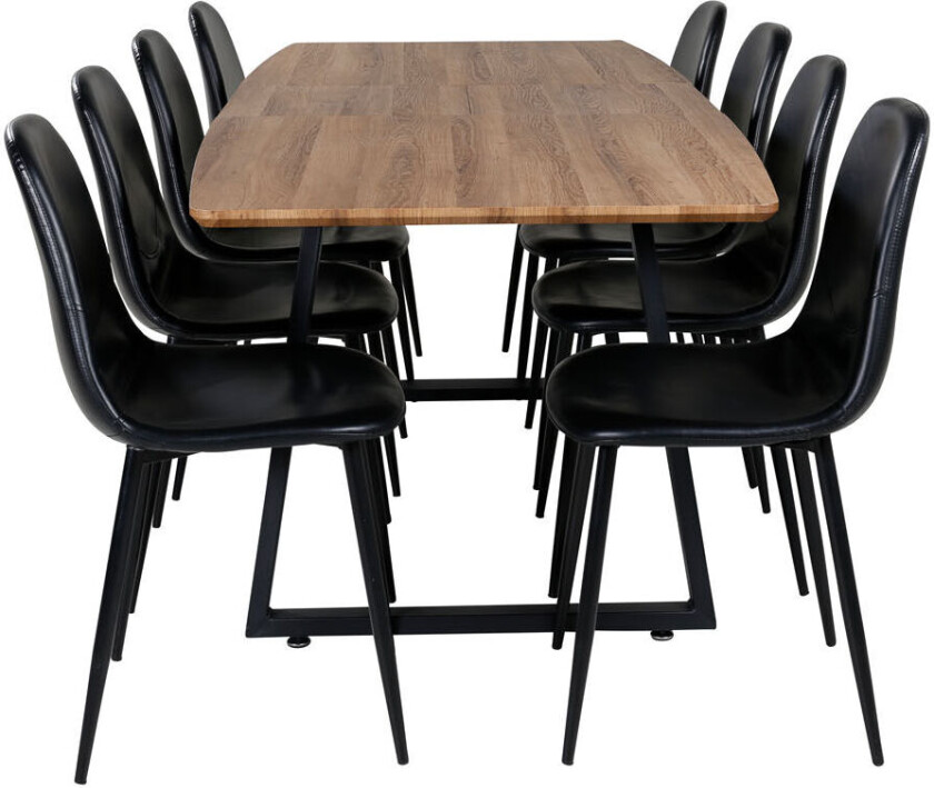 IncaNABL spisegruppe spisebord uttrekksbord lengde cm 160 / 200 el tre dekor og 8 Polar spisestuestoler PU kunstskinn svart PU kunstskinn.