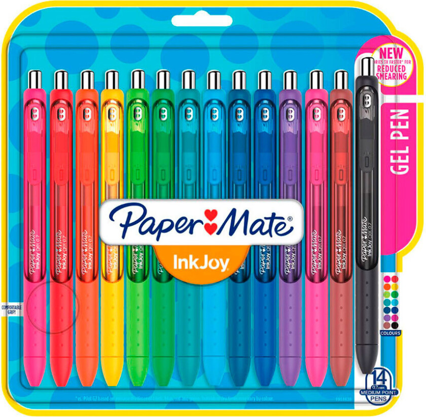 Papermate InkJoy, Uttrekkbar gelépenn, Assorterte farger, Flerfarget, Medium, Blister, 14 stykker