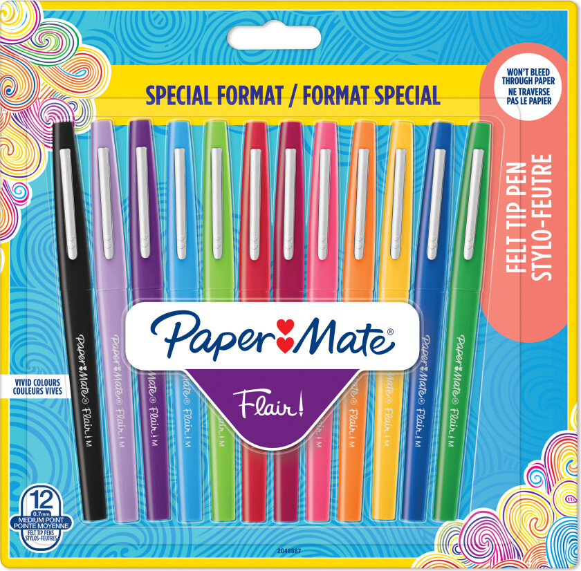 Papermate Flair, Medium, 12 farger, Flerfarget, 0,7 mm, Flerfarget, Vann-basert blekk