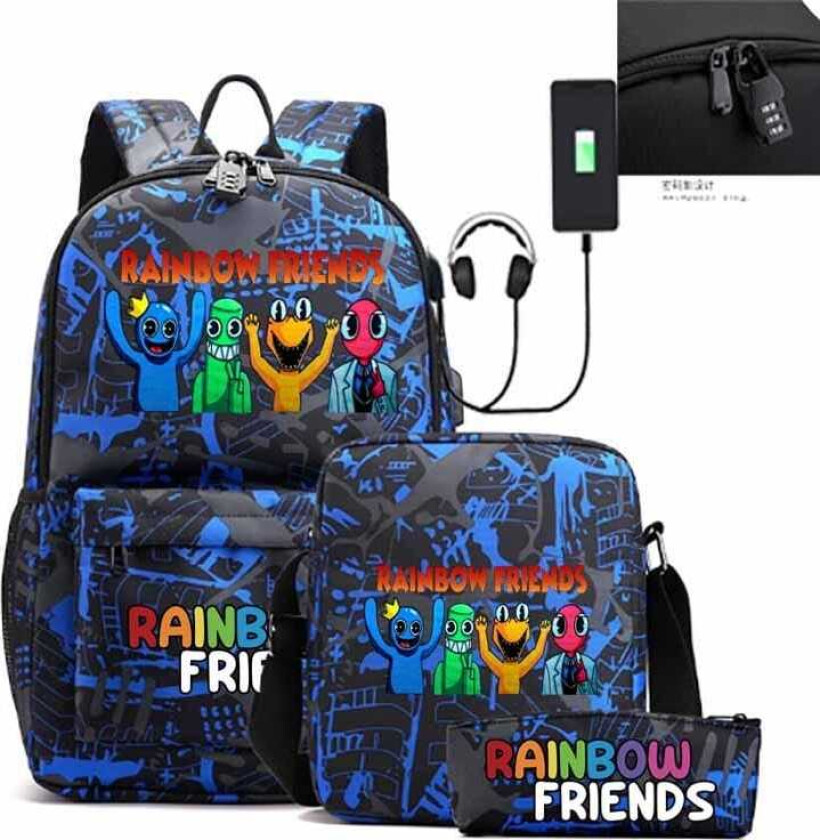 Rainbow Friends Ryggsekk barn pennekrine skulderstab USB -stikkontakt