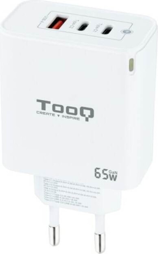 Vegglader TooQ Cargador de Pared GaN 2USB-C/PD + USB-A/QC 65W, Blanco Hvit 65 W
