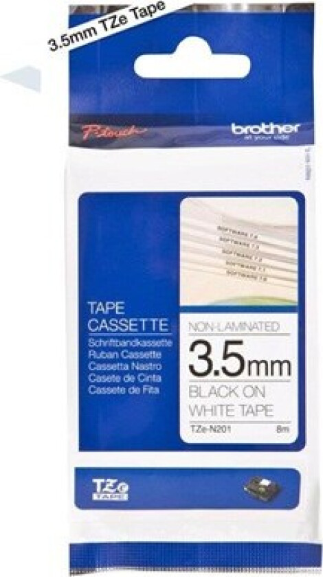 TZEN201 3.5mm (0.13") Black on White Non-Laminated Super Narrow tape for P-touch 8m