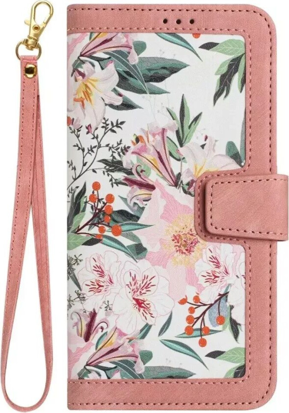 iPhone 15 Pro Max Leather Flip Cover med Lommebok og Stropp - Rosa m. Blomster
