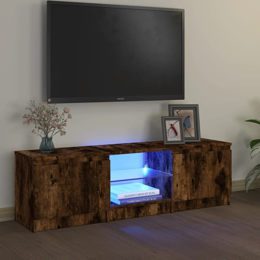 TV-benk med LED-lys røkt eik 120x30x35,5 cm