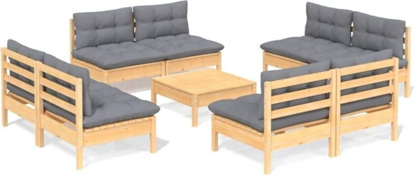 Hagesofagruppe med grå puter 9 deler furu