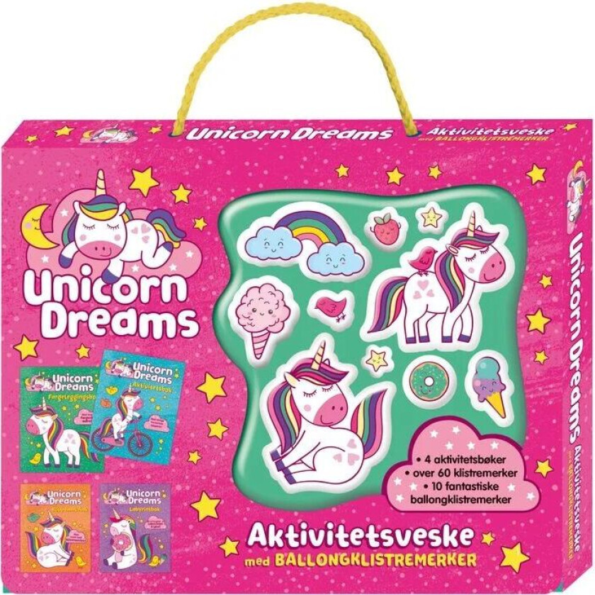 Unicorn Dreams. Aktivitetsveske med ballongklistremerker og 3 aktivitetsbøker