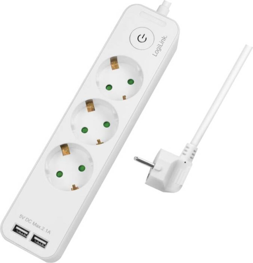LogiLink Grenuttak 3-veis + 2 USB m brytere 1,5 m Hvit