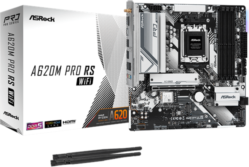A620M PRO RS WIFI - Hovedkort - mikro ATX - Socket AM5 - AMD A620 Chipset - USB 3.2 Gen 1, USB-C 3.2 Gen 1 - Gigabit LAN, Wi-Fi 6 - innbygd grafikk (CPU kreves) - HD-lyd (8-kanalers)