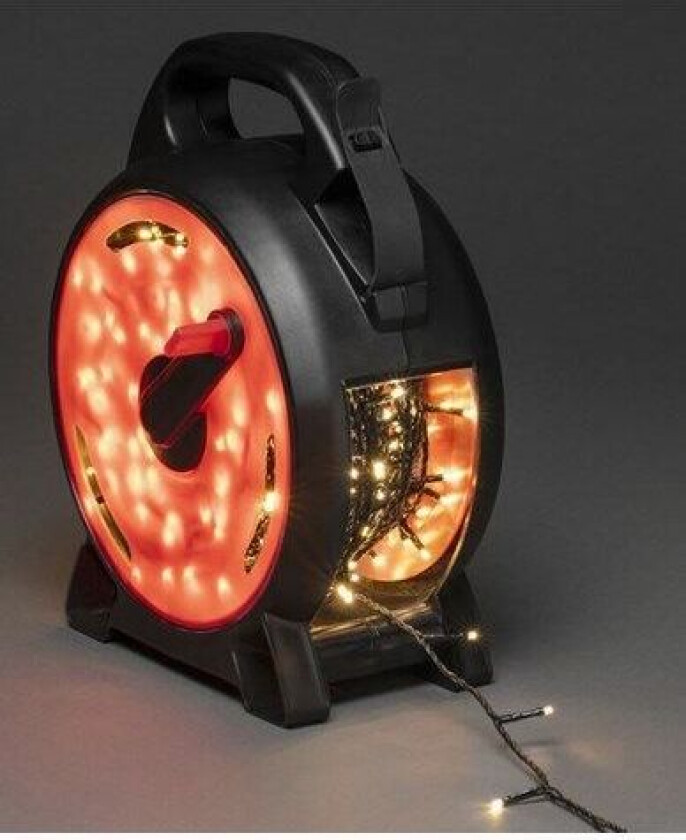 Kabeltromme, 200 varmhvit LED, svart myk kabel. 30V / IP44