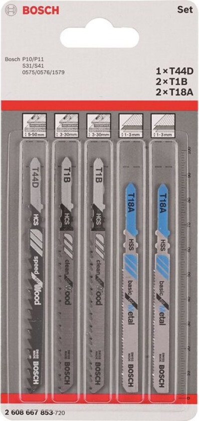 5-delers stikksagbladsett T 44 D (2x); T 1 B (2x); T 18 A