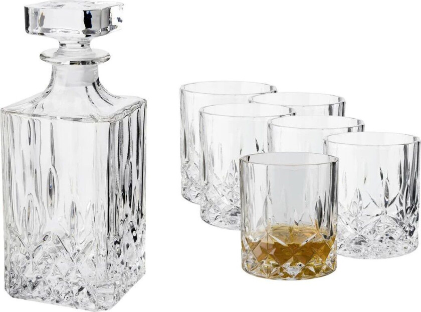 Bilde av Vide whiskeysett karaffel og 6 stk. whiskeyglass Krystallglass