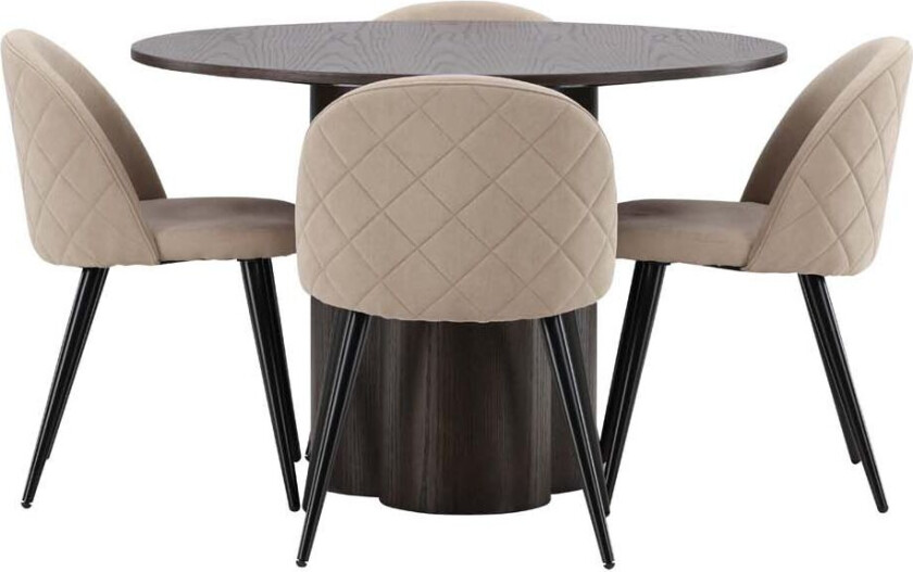 Olivia spisegrupper bord mocca og 4 Velvet stoler beige.