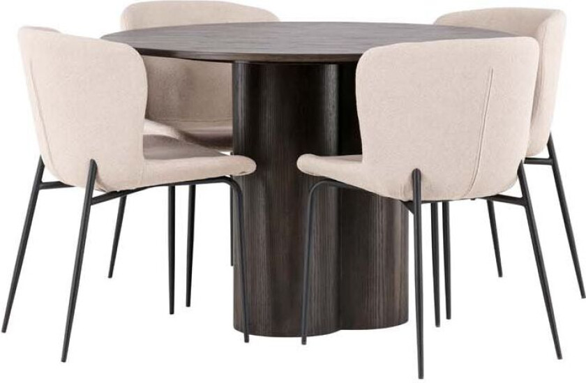 Olivia spisegrupper bord mocca og 4 Modesto stoler beige.