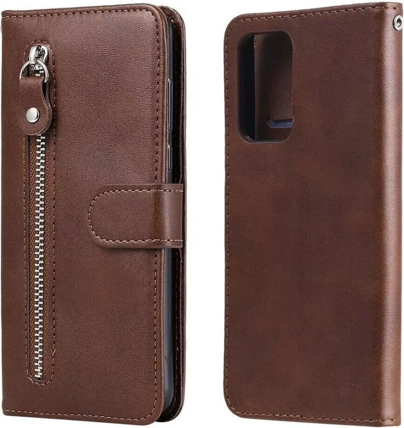 Samsung Galaxy A52 (4G / 5G) PU Skinndeksel m. Glidlåslomme - Brun