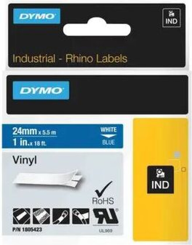 Dymo Tape Rhinopro Permanent Vinyl 24mm Hvit/blå