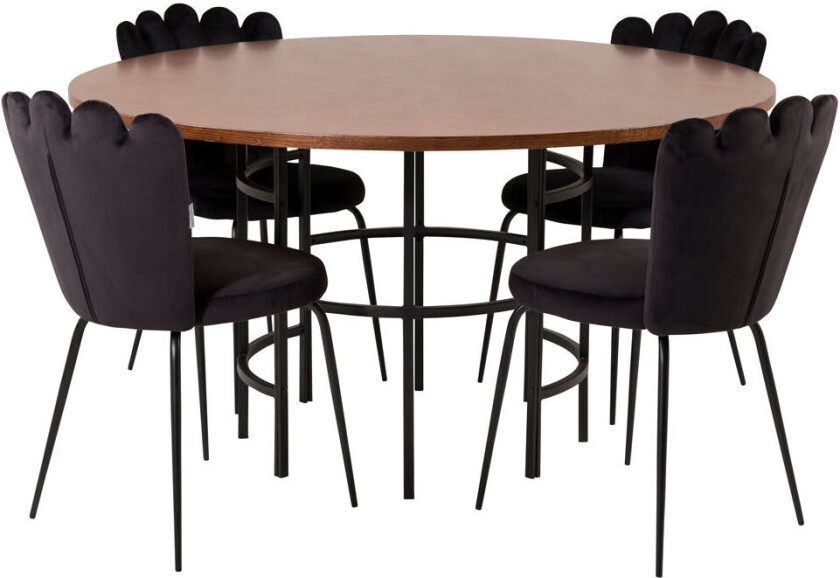 Copenhagen spisegruppe spisebord brun og 4 Limhamn spisestuestoler velour svart.