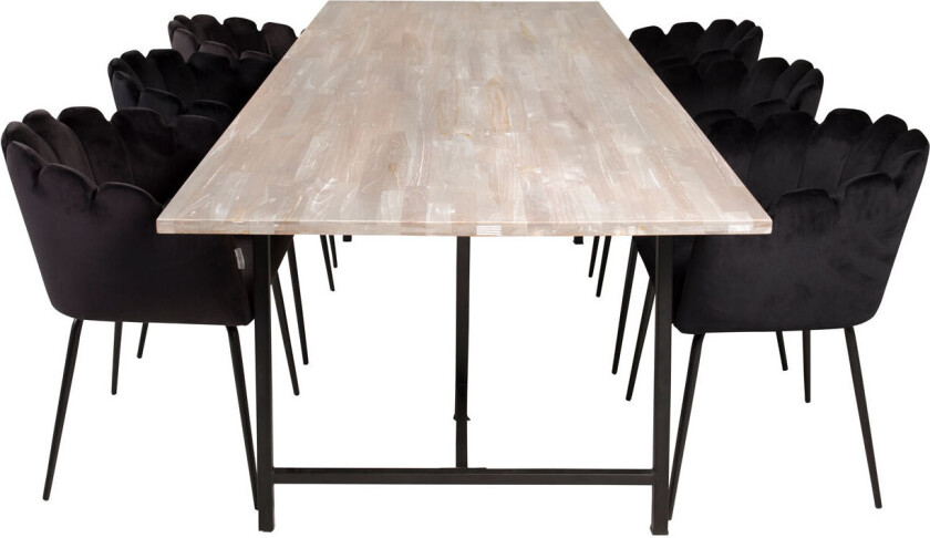 Jepara spisegruppe spisebord teak og 6 Limhamn spisestuestoler velour svart.