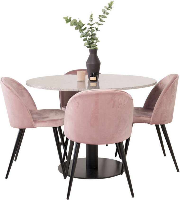 RazziaGR spisegruppe spisebord terazzo grå og 4 Velvet spisestuestoler velour rosa, svart.