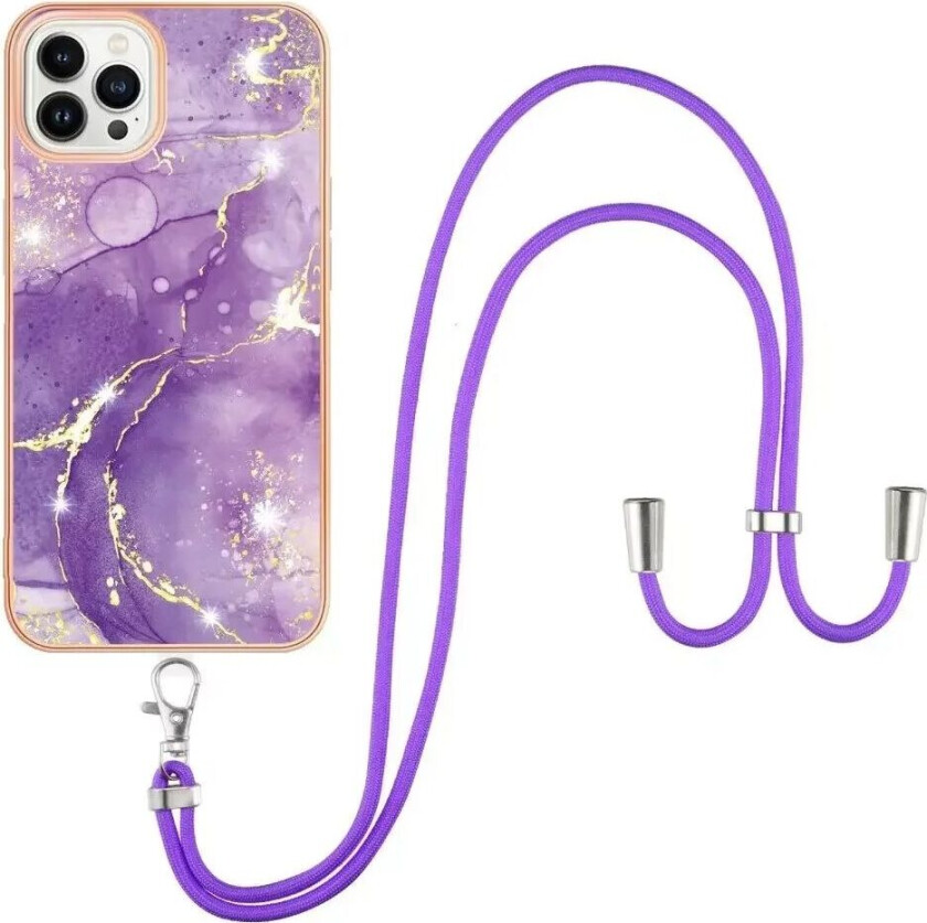 iPhone 13 Pro Max Marmor Hybrid Deksel med Justerbar Stropp - Rose Lilla