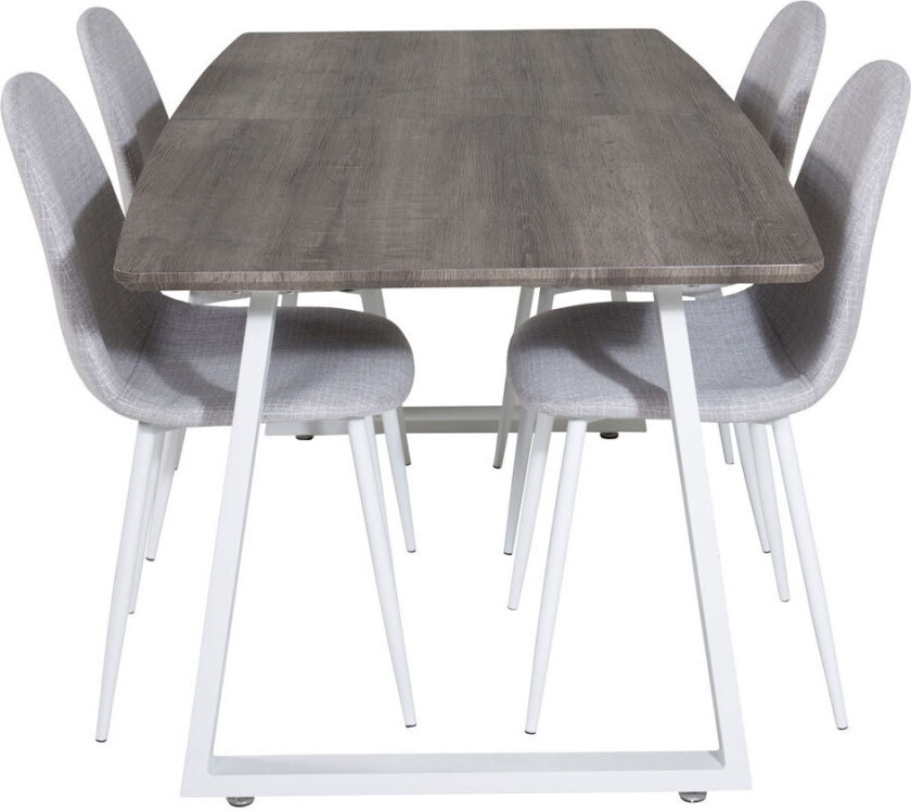 IncaNAWH spisegruppe spisebord uttrekksbord lengde cm 160 / 200 el tre dekor grå og 4 Polar spisestuestoler lysegrå, hvit.