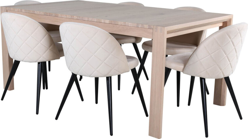 SliderWW spisegruppe spisebord uttrekksbord lengde cm 170 / 250 eik hvit washeded og 6 Velvet Stitches spisestuestoler velour beige.