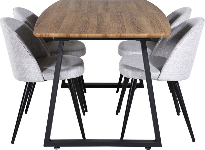 IncaNABL spisegruppe spisebord uttrekksbord lengde cm 160 / 200 el tre dekor og 4 Velvet spisestuestoler lysegrå, svart.