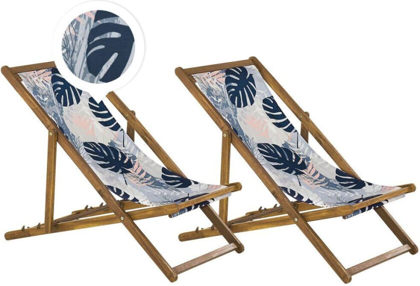 Sett med 2 Hagestoler Akasietre Tropiske blader Stoff Hengekøye Sete Tilbakelent Sammenleggbar Solseng