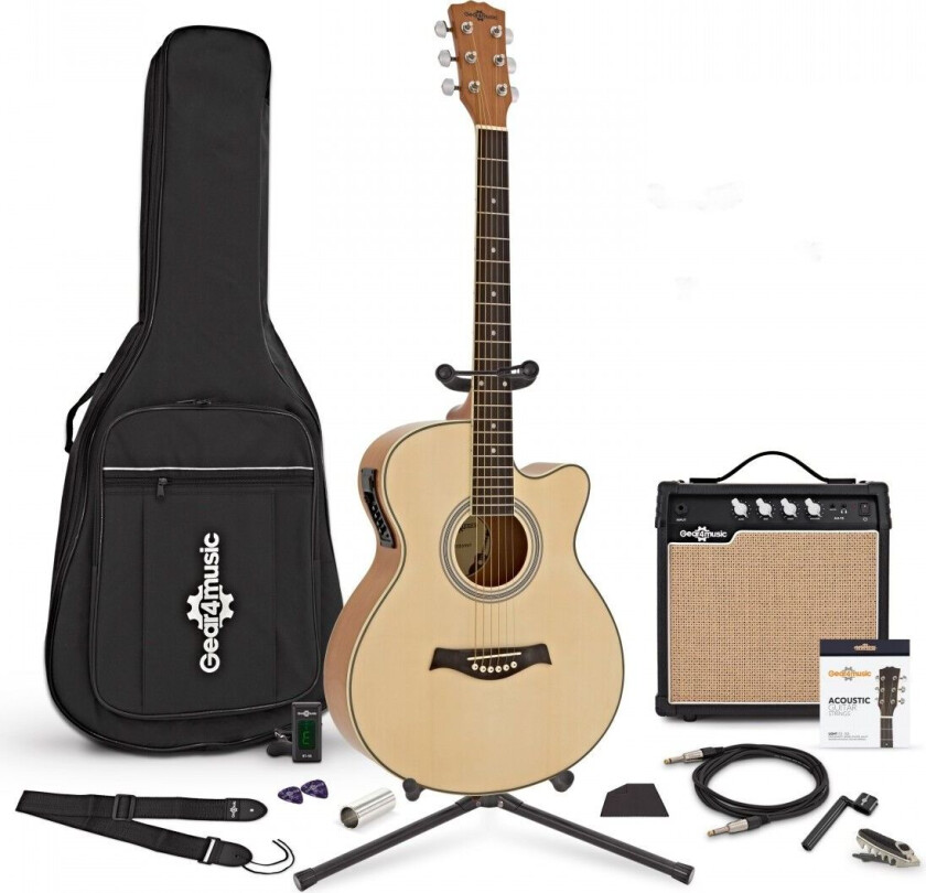 Gear4Music Single Cutaway Elektroakustisk Gitar + Fullstendig Pakke
