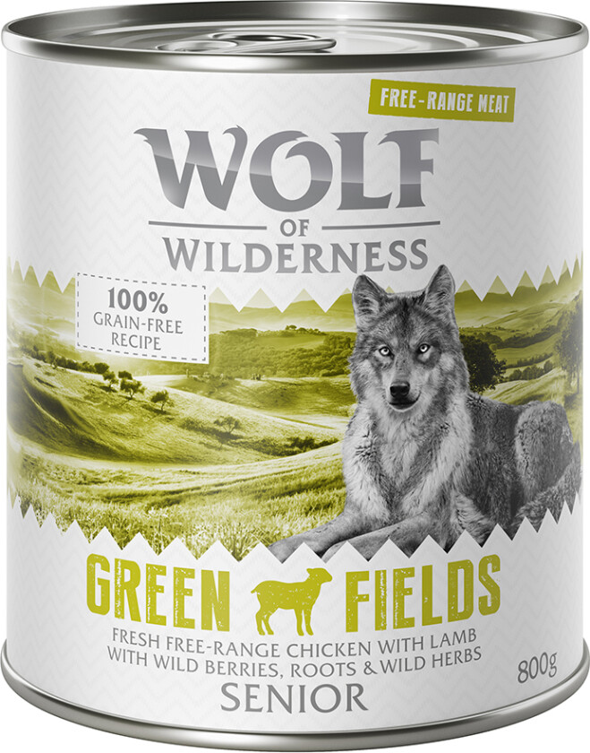 24x800g Wolf of Wilderness Senior "Frittgående" - Senior Green Fields - Frittgående Lam & Kylling