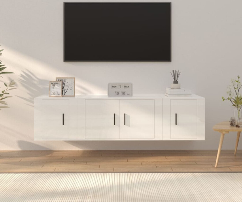 TV-benksett 3 deler høyglans hvit konstruert tre