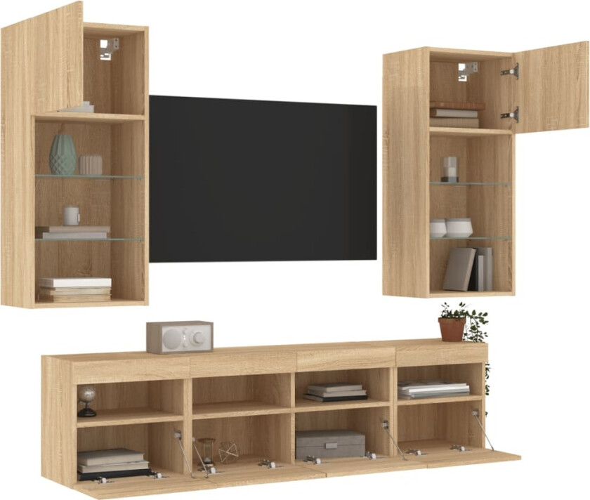 Vegghengte TV-enheter med LED 5 deler sonoma eik konstruert tre