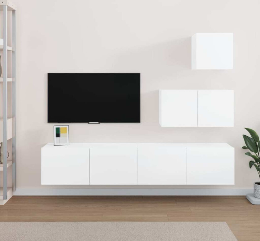 TV-benksett 4 deler høyglans hvit konstruert tre
