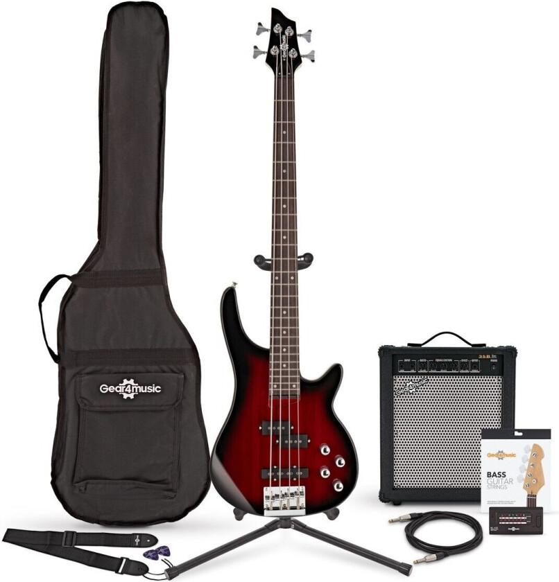 Gear4Music Chicago Bassgitar + 35W Forsterkerpakke Trans Red Burst