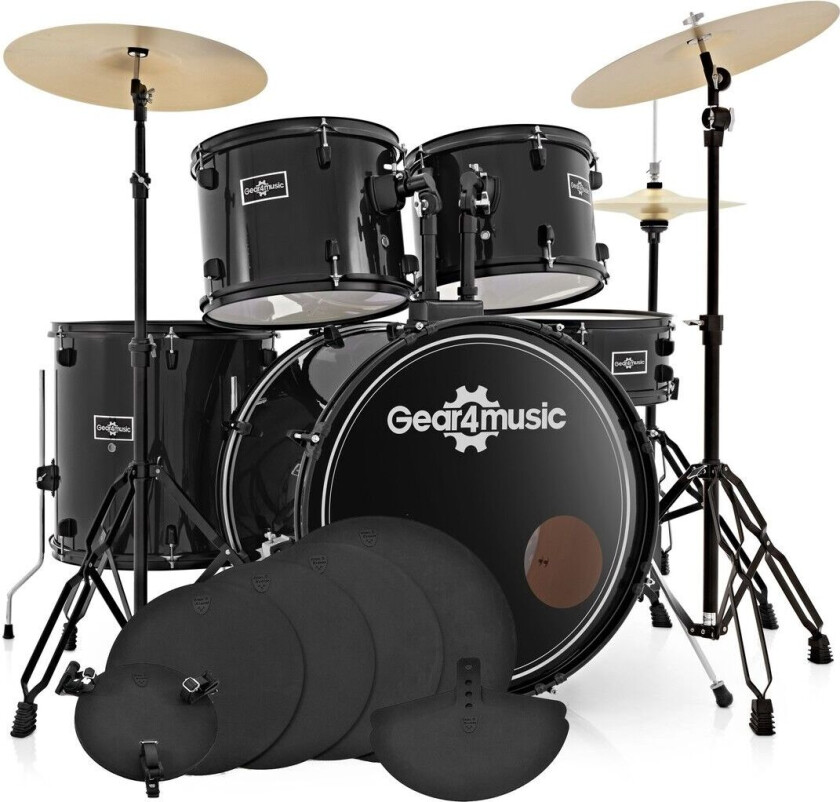 Gear4Music BDK-1plus Full Size Trommesett for Nybegynnere + Øvingspakke Svart