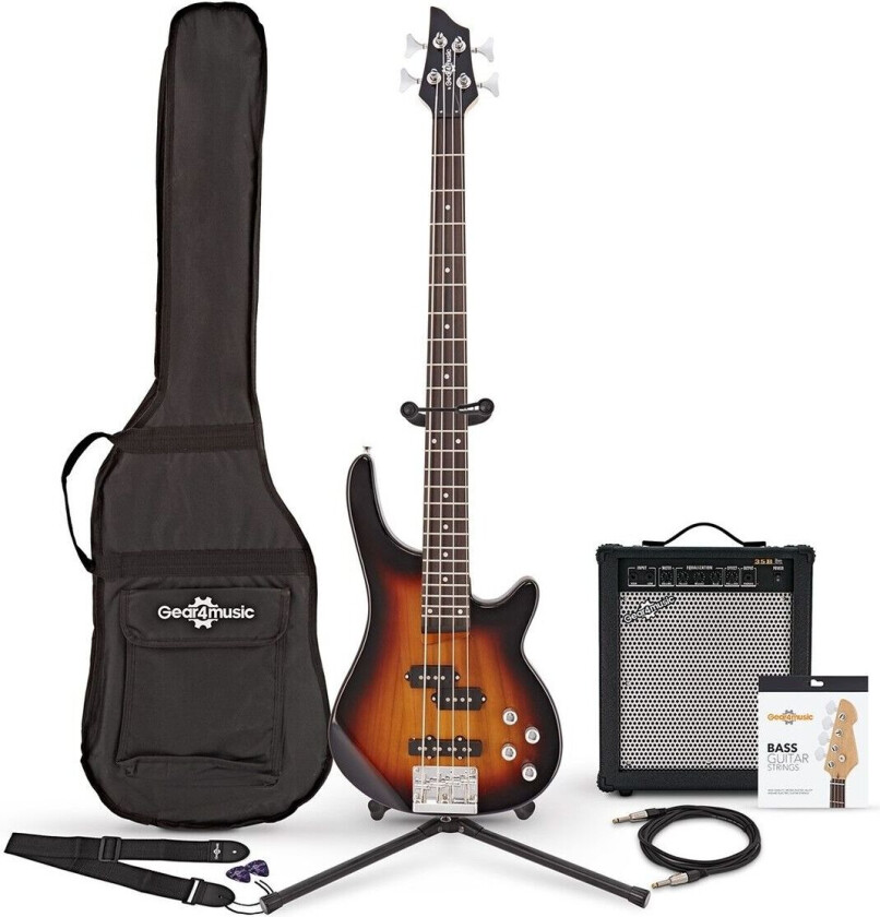 Gear4Music Chicago Bassgitar + 35W Forsterkerpakke Sunburst